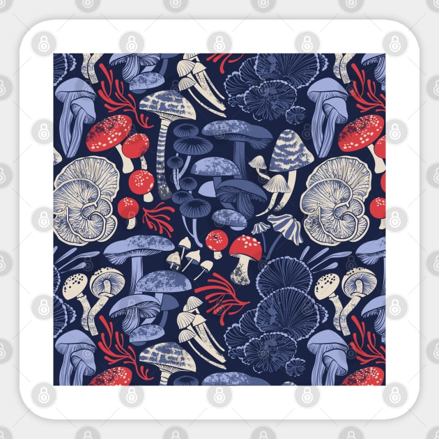 Mystical fungi // midnight blue background blue and red wild mushrooms Sticker by SelmaCardoso